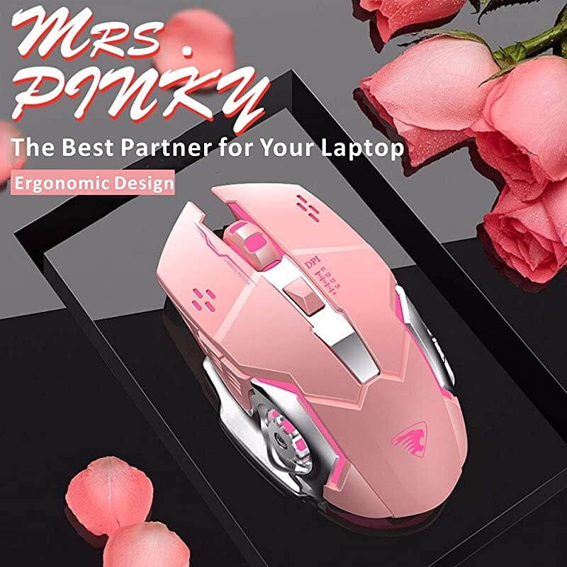 T85 Rechargeable Wireless Mouse 24G Ergonomic Silent Gaming Mice Portable Optical with USB Receiver 3 Adjustable DPI 6 Buttons LED Lights Compatible with LaptopPCChromebook Pink
