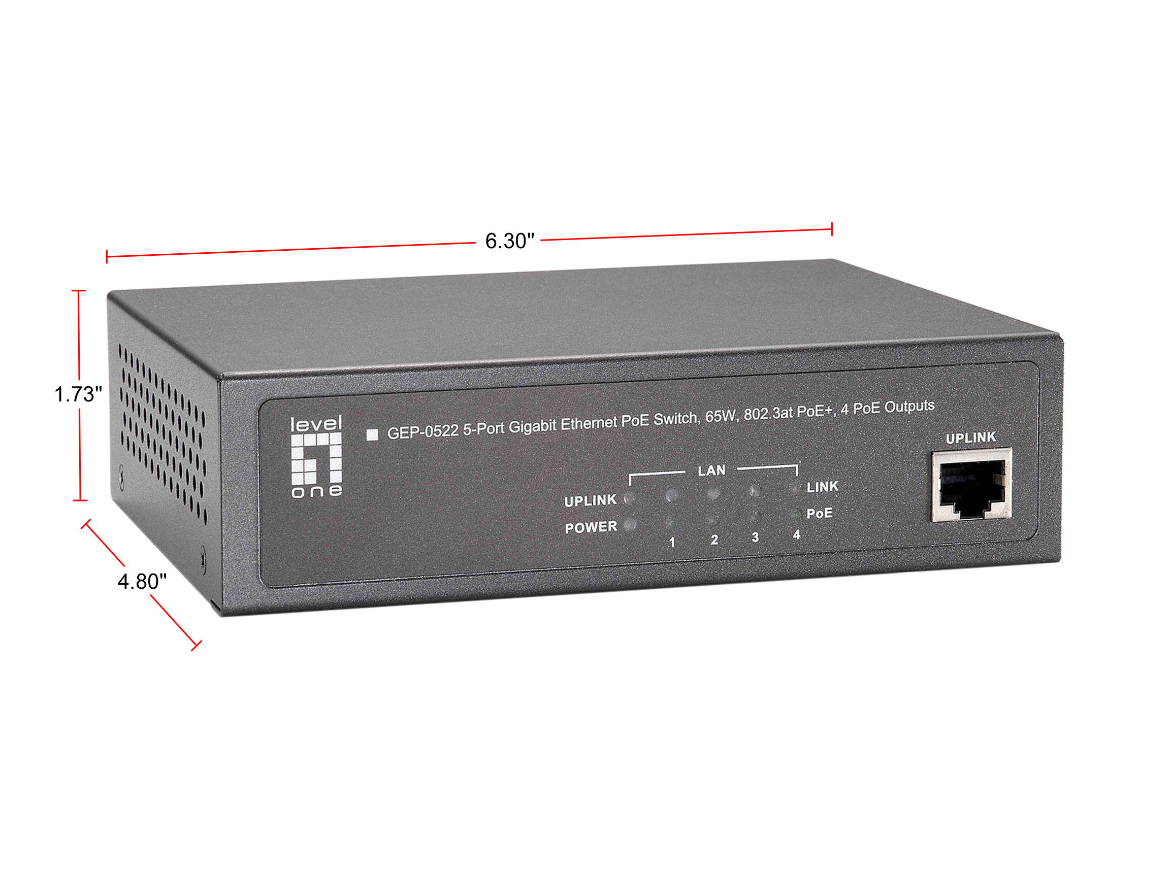 LevelOne GEP-0522 5-Port Gigabit PoE Switch, 65W, 802.3at/af PoE, 4 PoE Outputs