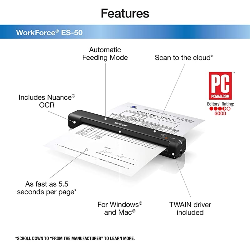 WorkForce ES-50 Portable Sheet-Fed Document Scanner for PC and Mac