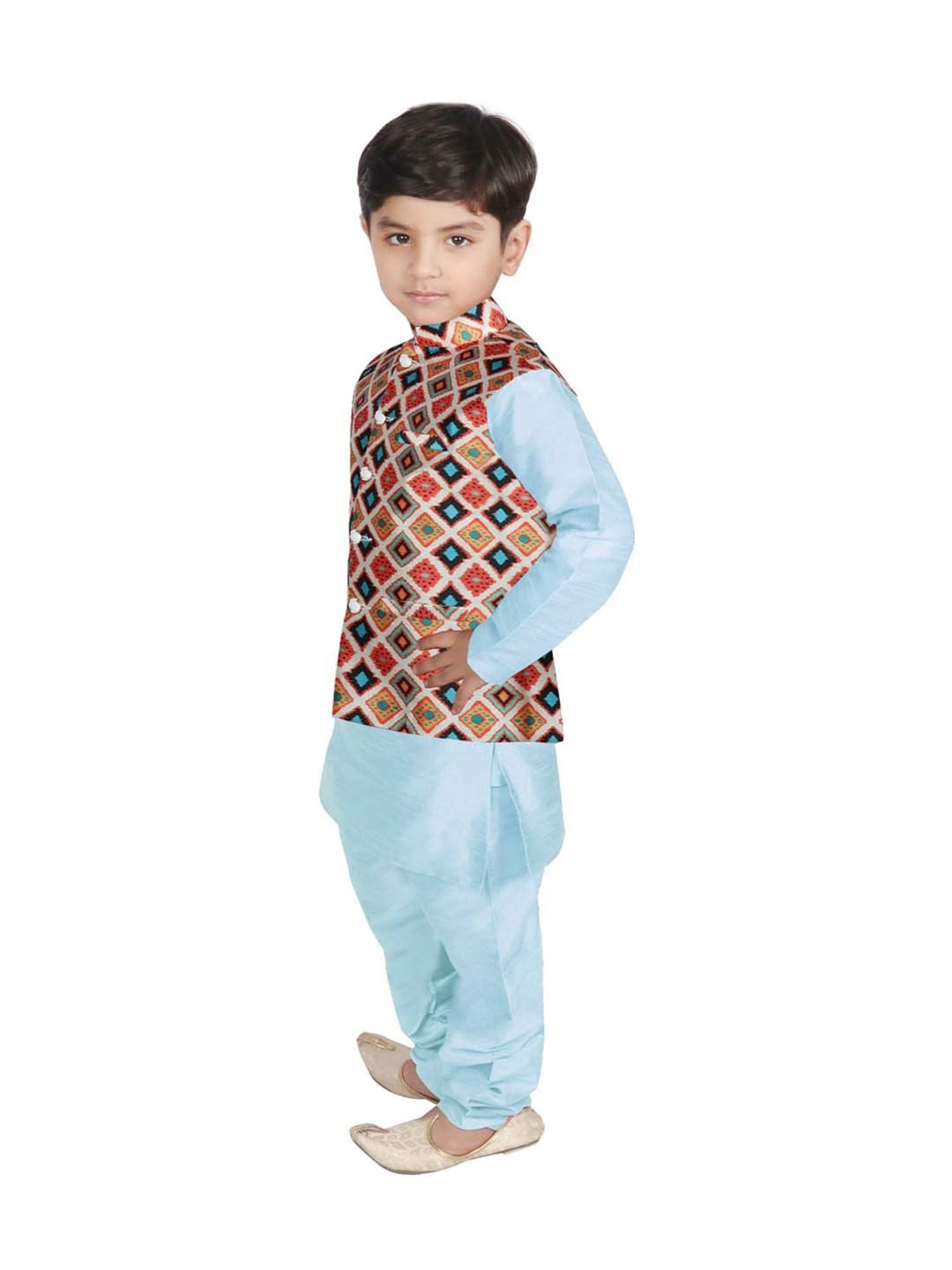 SG Yuvraj Kids Cream & Blue Printed Full Sleeves Kurta Set
