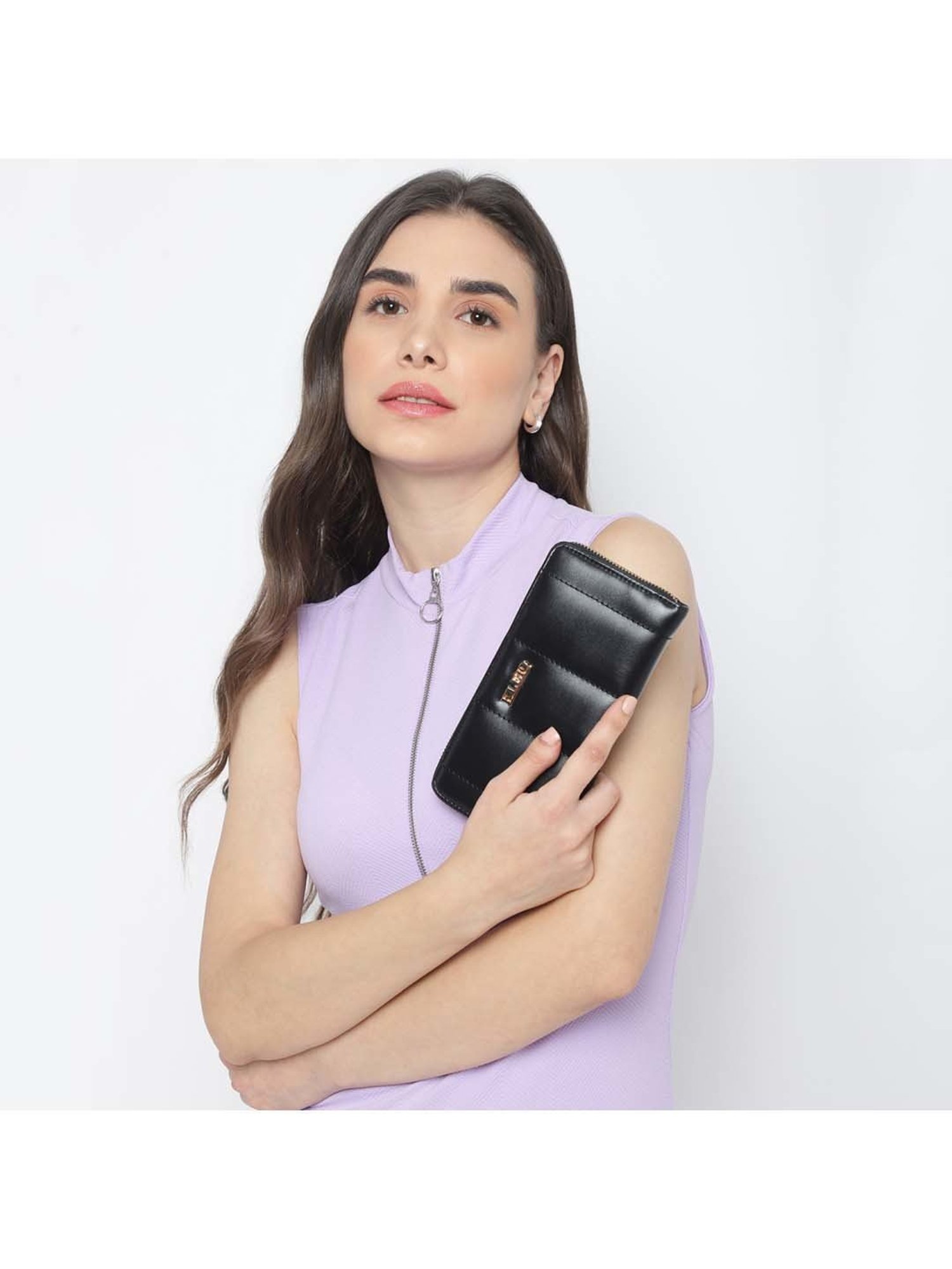 KLEIO Black Quilted Zip Around Wallet for Women