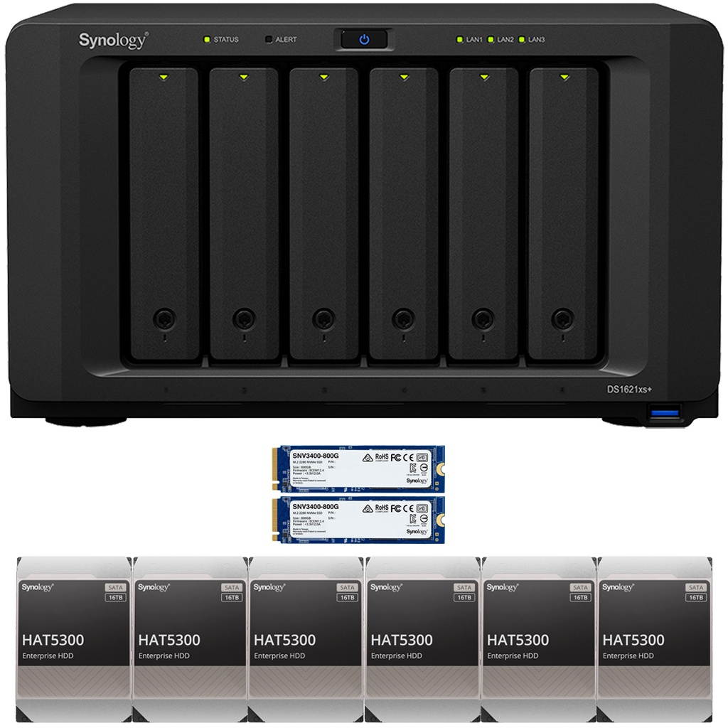Synology DS1621xs+ DiskStation with 8GB RAM, 1.6B (2x800GB) Cache and 96TB (6 x 16TB) of Synology Enterprise HAT5300 Drives Fully Assembled and Tested By CustomTechSales