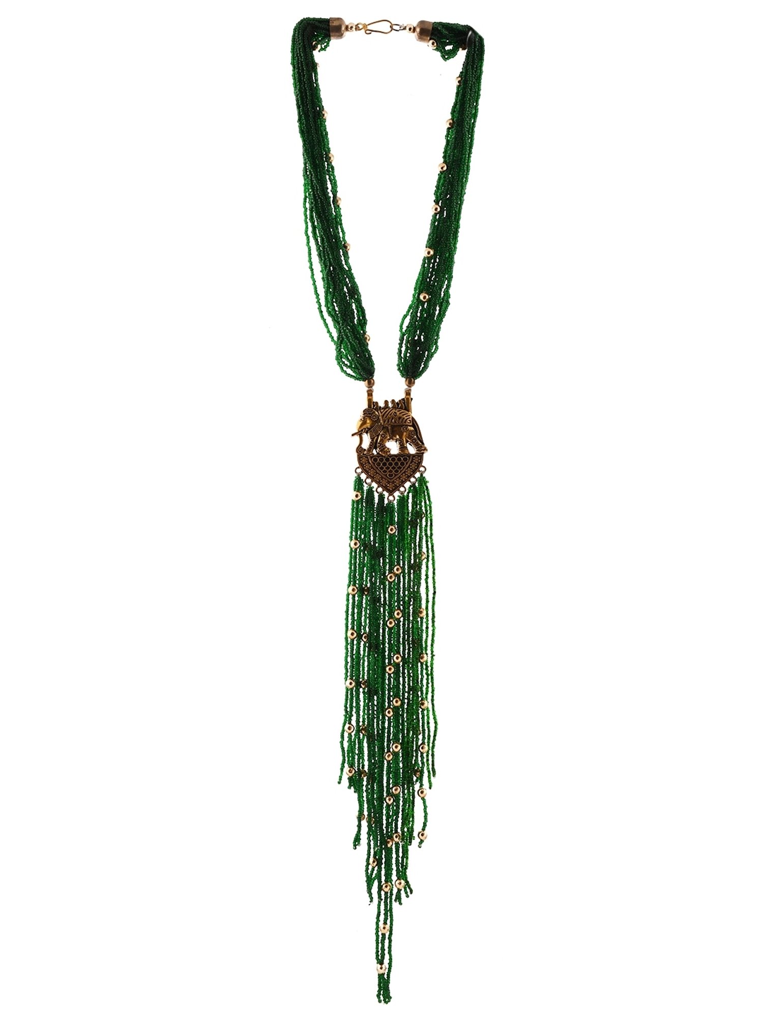 Imli Street Green Golden Long Beaded Handcrafted Necklace