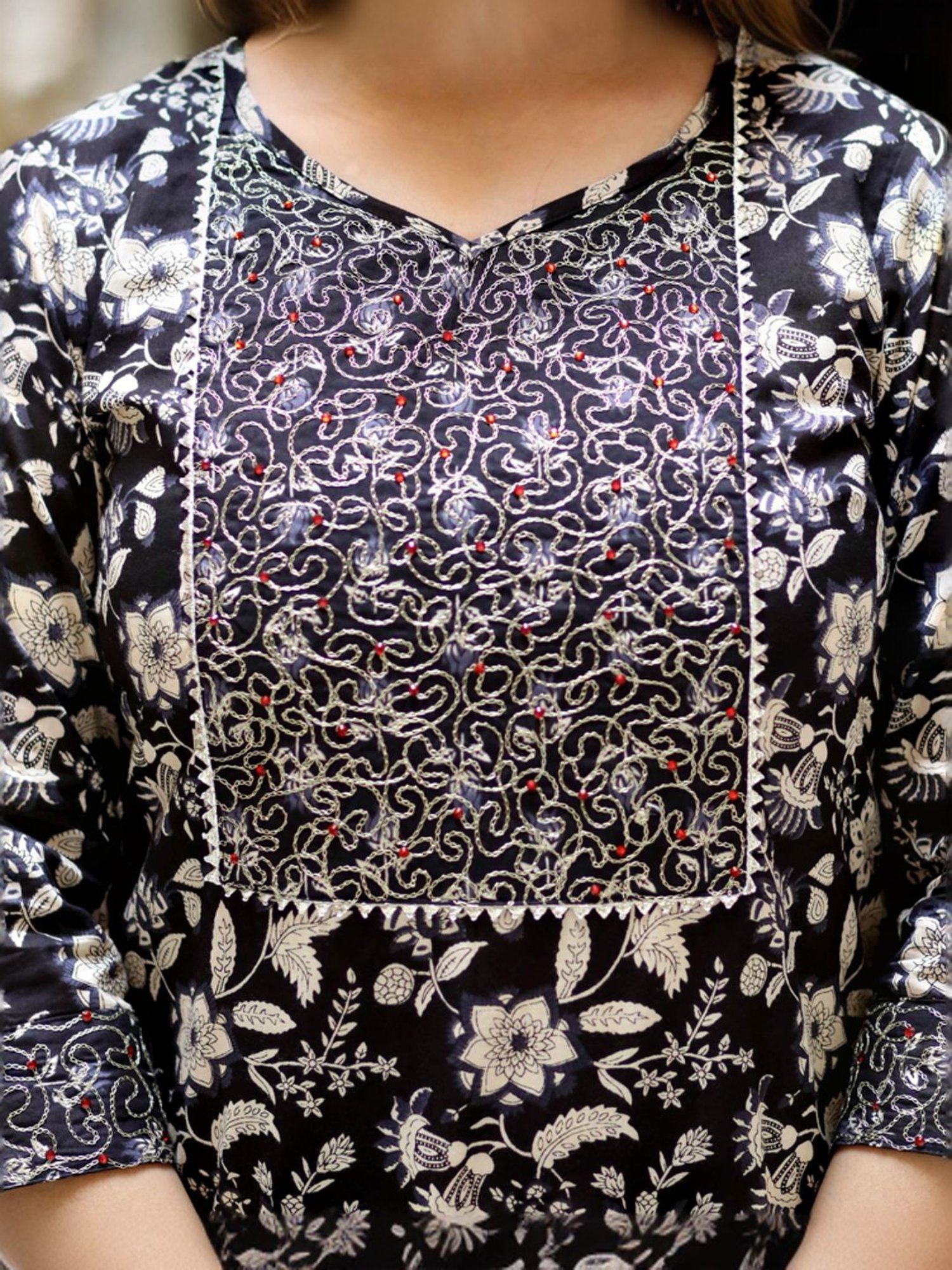 Miravan Black Cotton Embroidered Kurta Pant Set