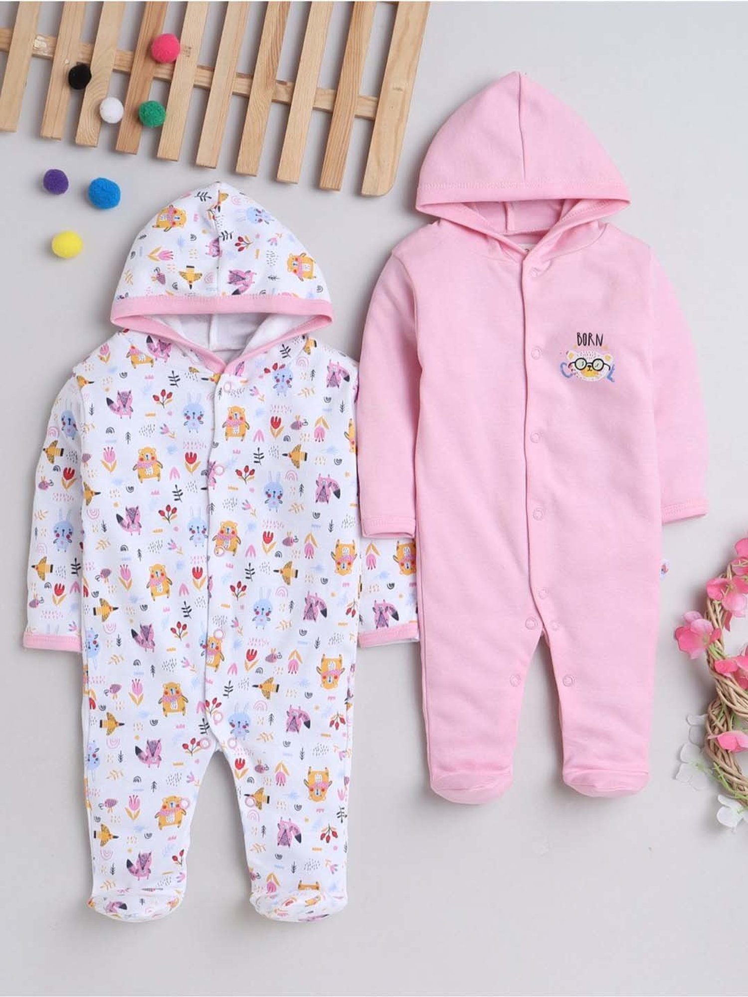 Bumzee Kids Pink & White Cotton Printed Full Sleeves Sleepsuit (Pack of 2)