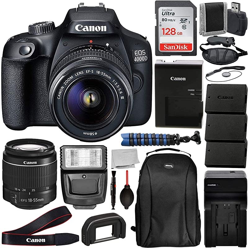 International EOS 4000D DSLR Camera with EF-S 18-55mm f/3.5-5.6 III Lens & Deluxe Accessory Bundle - Includes: SanDisk Ultra 128GB Memory Card, 2x Seller Replacement LPE10 Batteries, & Much More