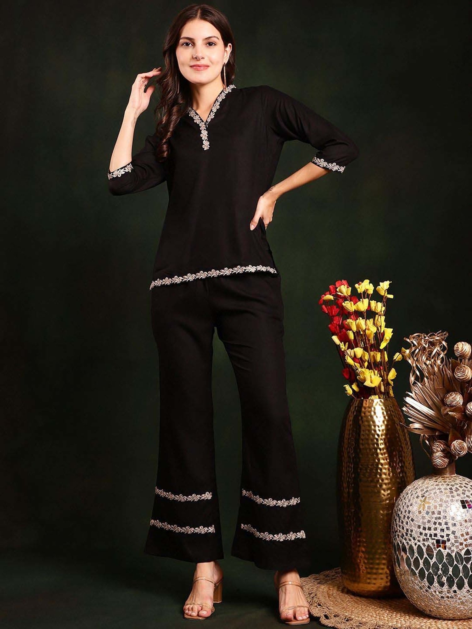 Claura Black Printed Top Pant Set