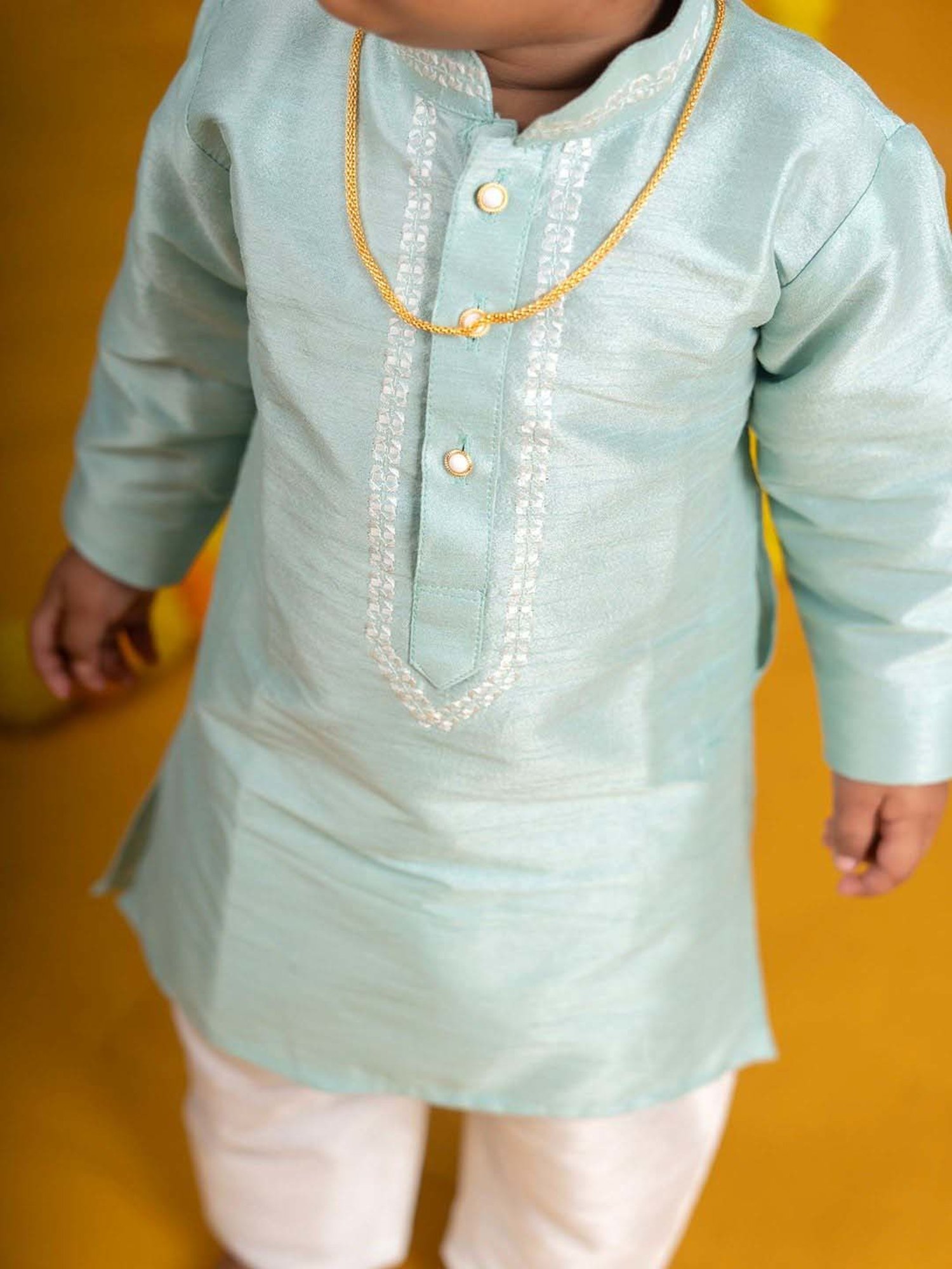 Baby Moo Kids Mint Green & White Regular Fit Full Sleeves Kurta Set