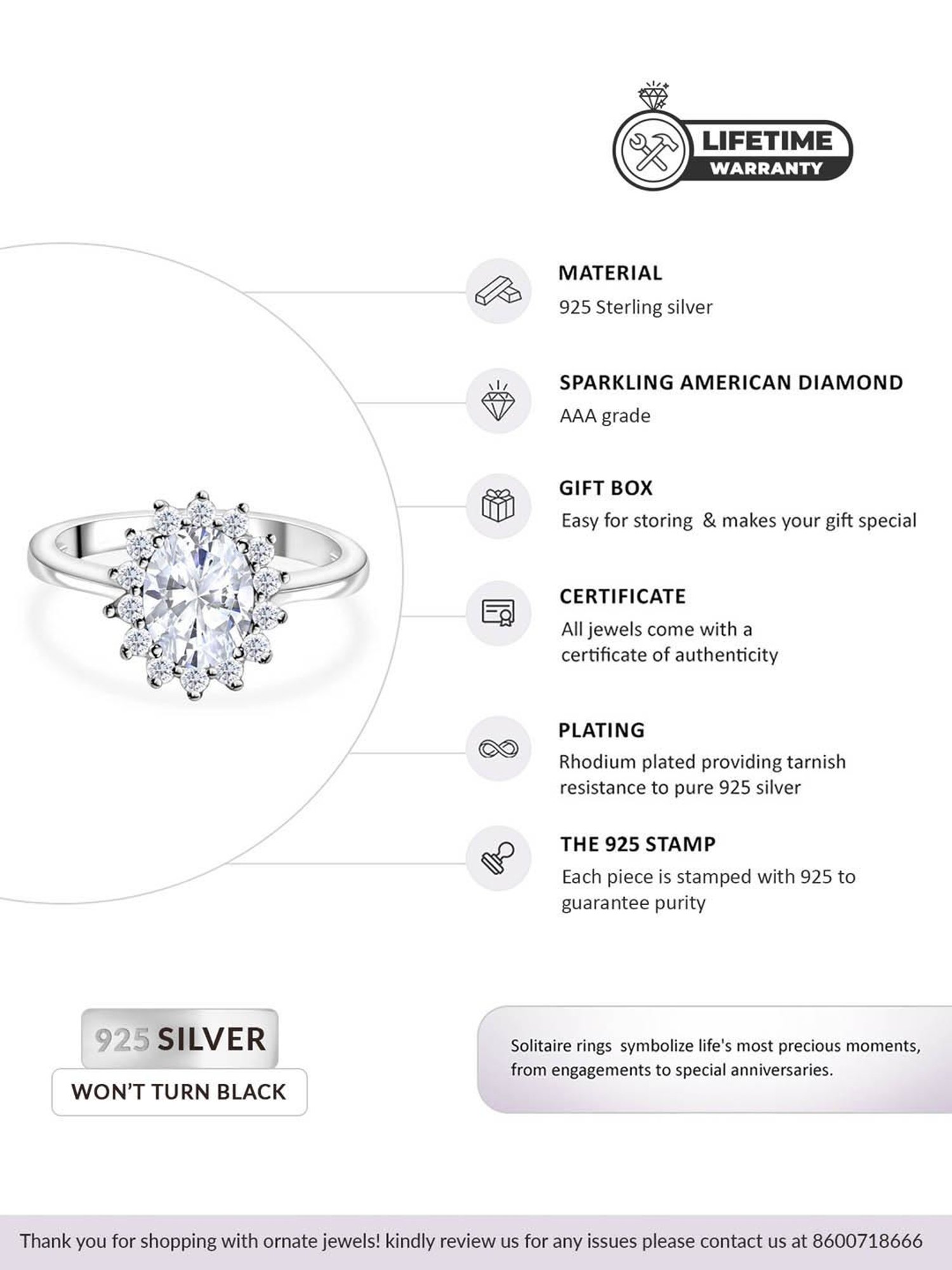 Ornate Jewels 925 Silver 1.5 Carat Oval AD Halo Ring for Women & Girls