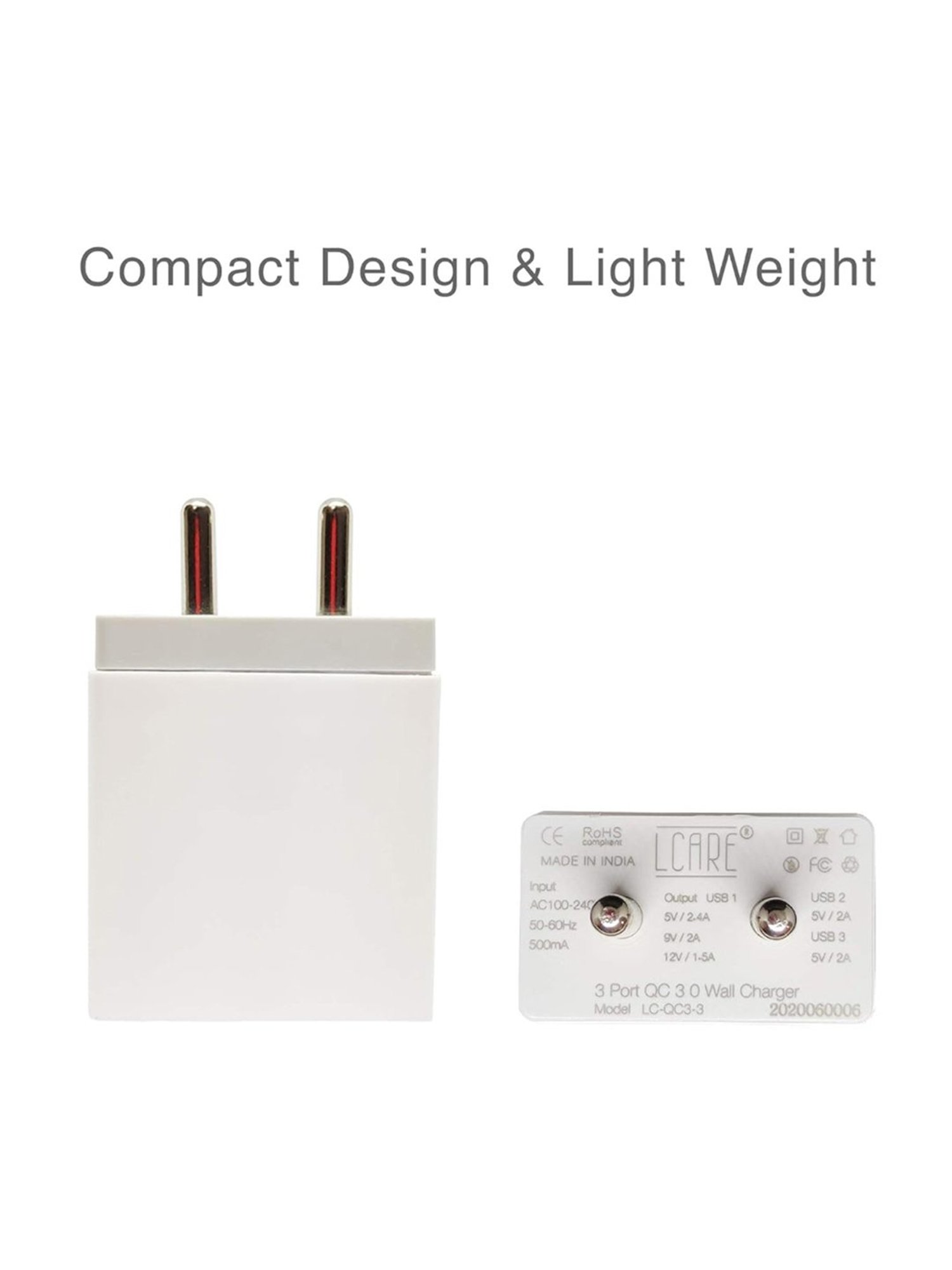 LCARE QC 3.0 USB 03 Port Charger and Type C Cable 1.2 Meter
