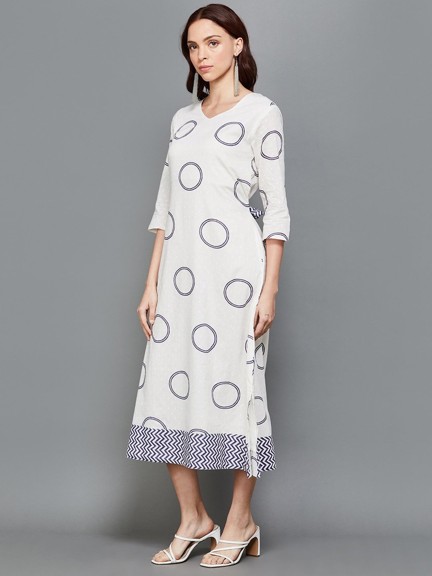 Colour Me by Melange White Cotton Printed A-Line Dress