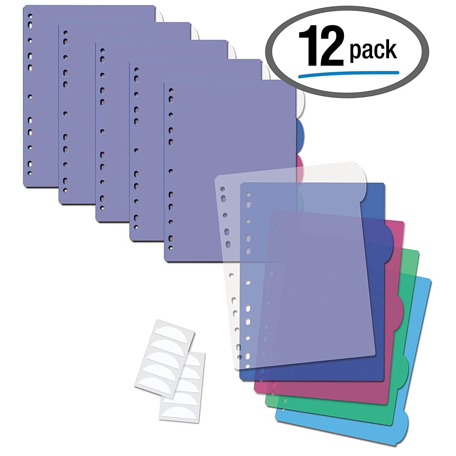 5 Tab Plastic Binder Index Dividers, Large Rounded Index Tabs, 12 Pack, by Better Office Products, Multicolored Poly Dividers for 3 Ring Binder, with White Labels, 12 Sets
