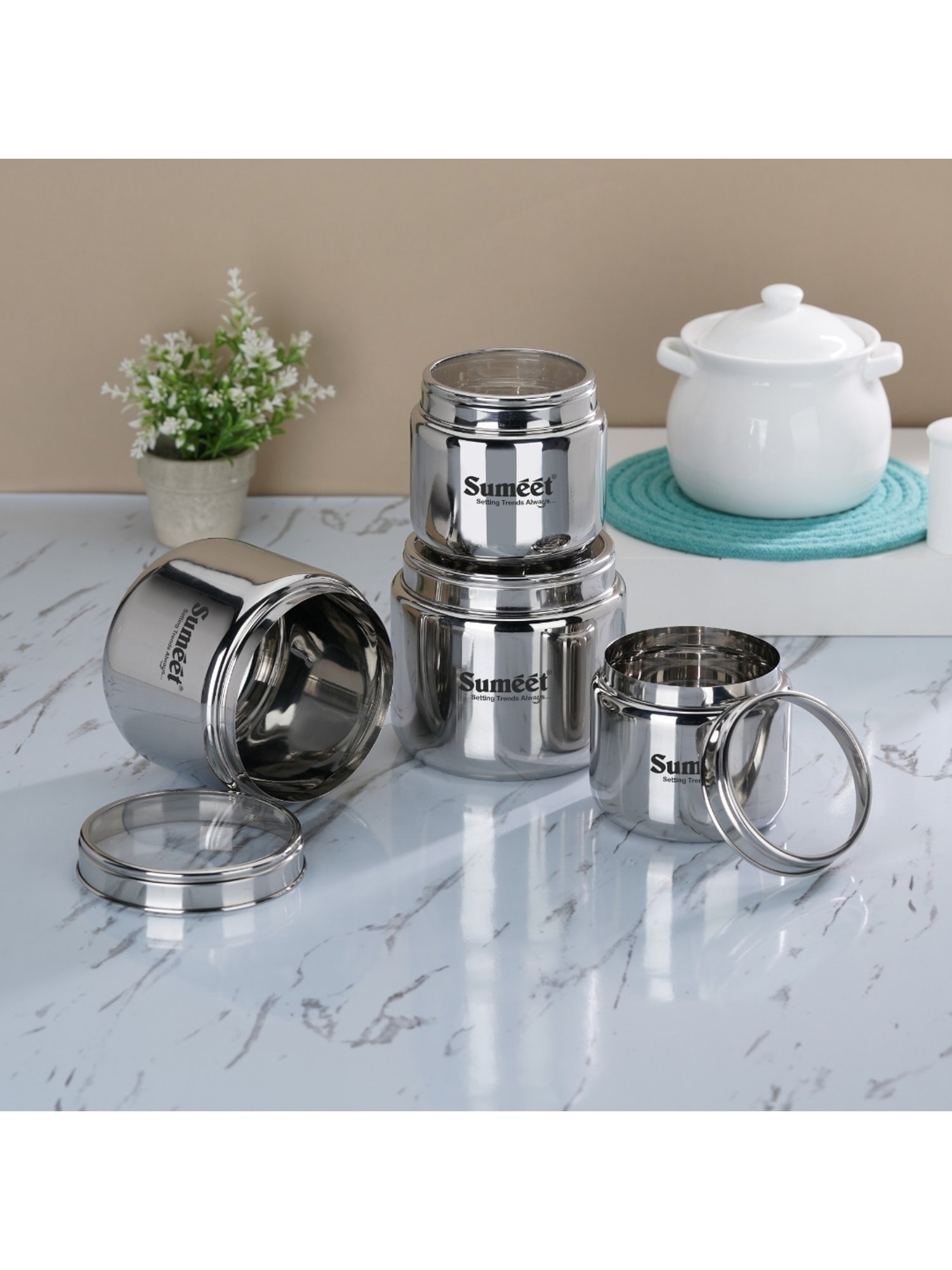 Sumeet S.S.Storage Containers with See Through Lid,4pc (400ml-2Pc with 9cm&800ml-2Pc with 11cm)