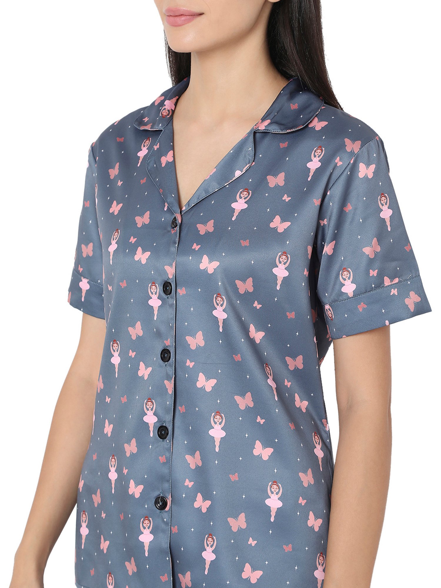 Smarty Pants Grey Satin Print Shirt With Pyjamas