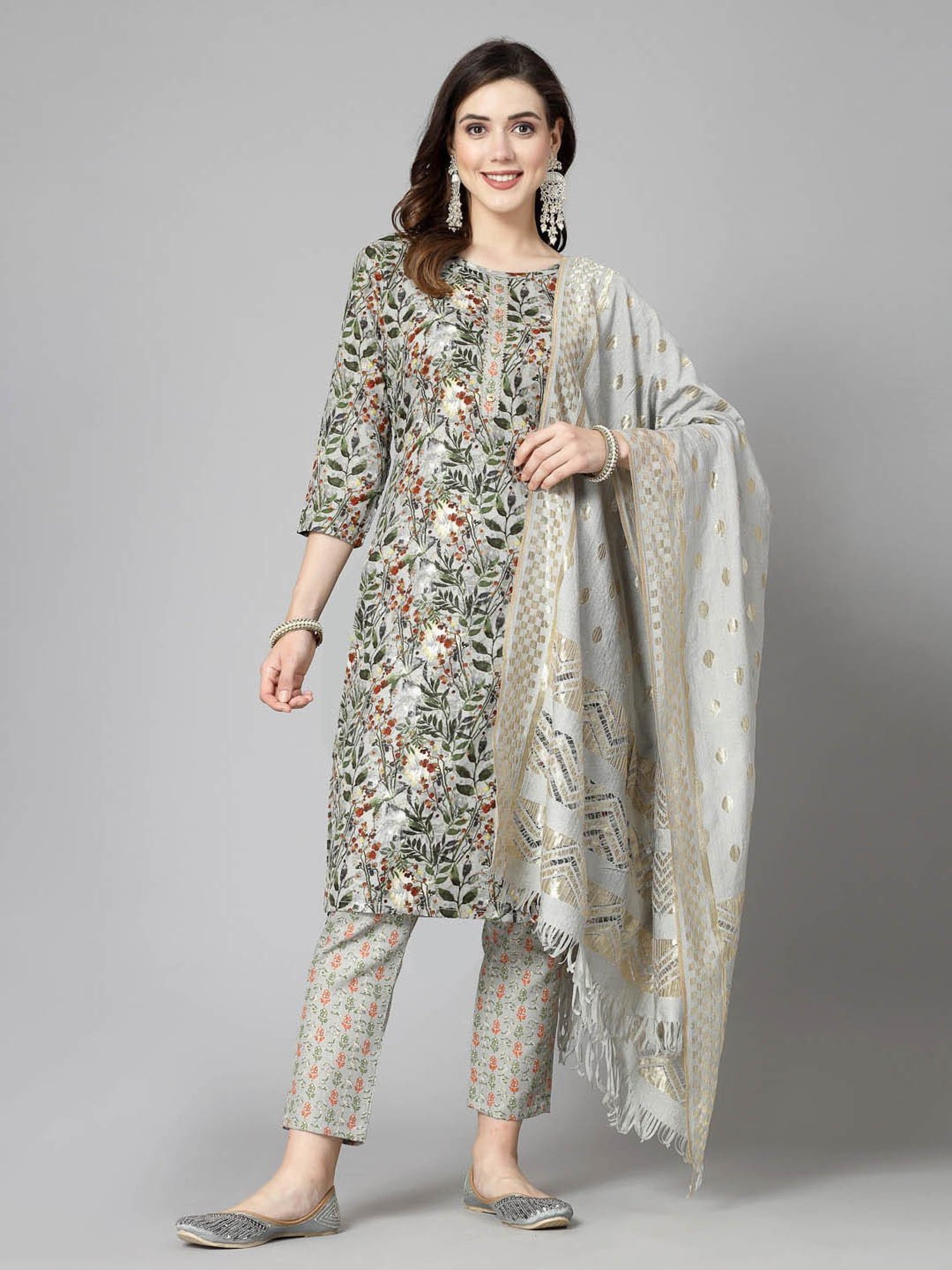 Stylum Green Floral Print Kurta With Pant & Dupatta