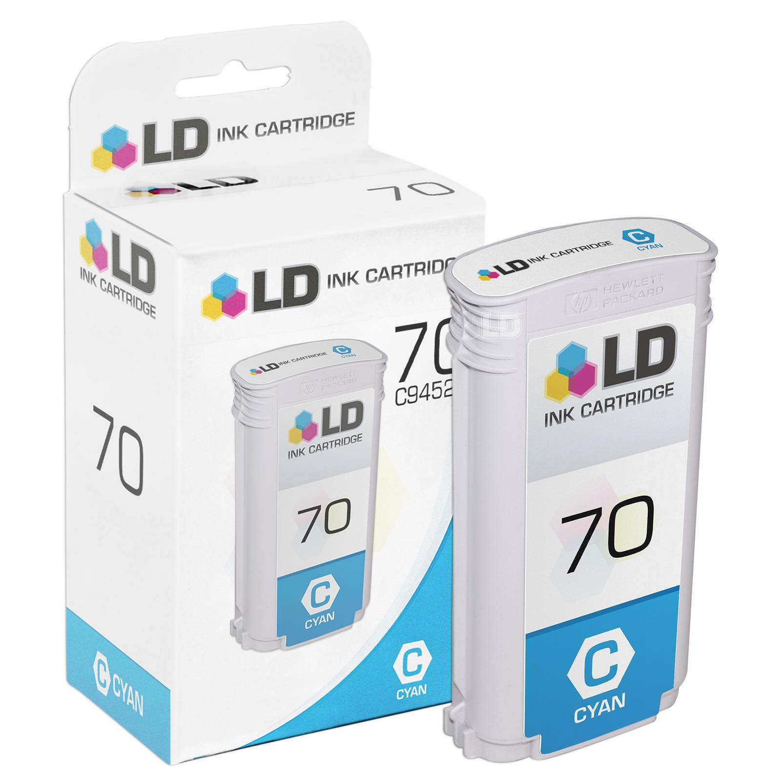 LD Compatible Replacements HP 70 3PK Pigment Cartridges: 1 C9452A Cyan, 1 C9453A Magenta, and 1 C9454A Yellow