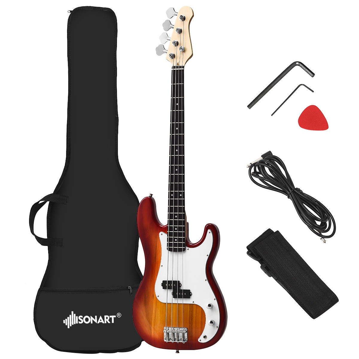 Sonart Full Size Electric Bass Guitar 4 String w/ Strap Guitar Bag Amp Cord Red