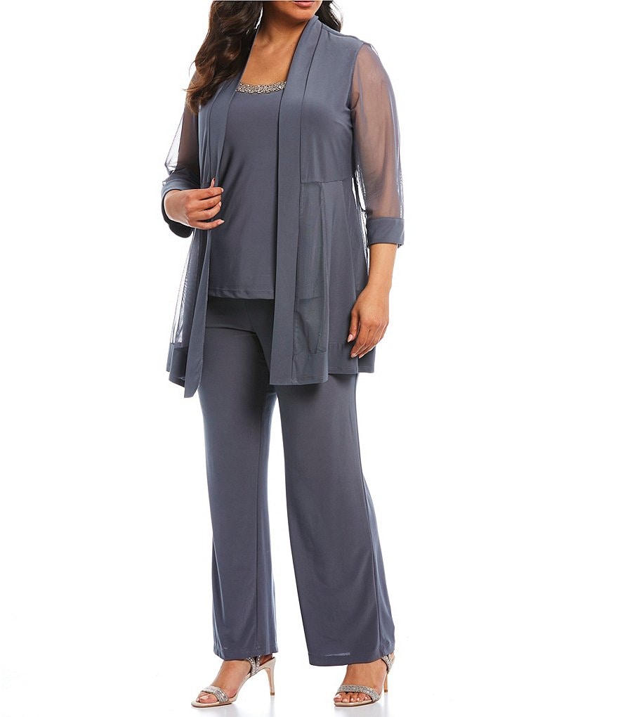 R & M Richards Plus Size Scoop Neck 3/4 Sleeve Beaded Detail Top & Sheer Knit Jacket 2-Piece Pull-On Pant Set