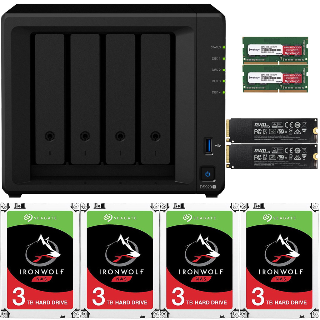 Synology DS920+ DiskStation with 4GB RAM and 24TB (4 x 6TB) of Seagate Ironwolf NAS Drives and 2TB (2x1TB) NVMe Cache Fully Assembled and Tested By CustomTechSales