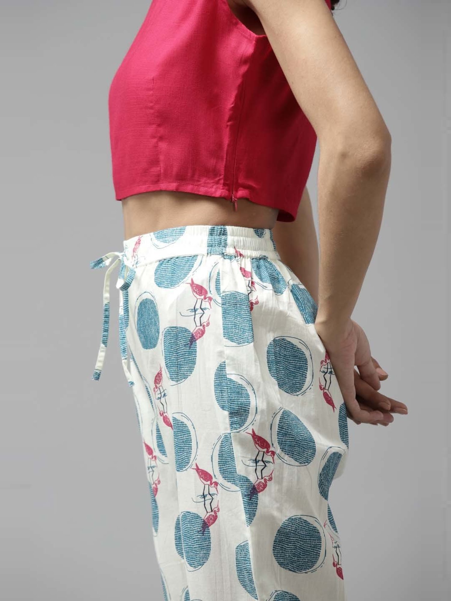 Prakrti White Cotton Printed Crop Top Pant Set With Jacket