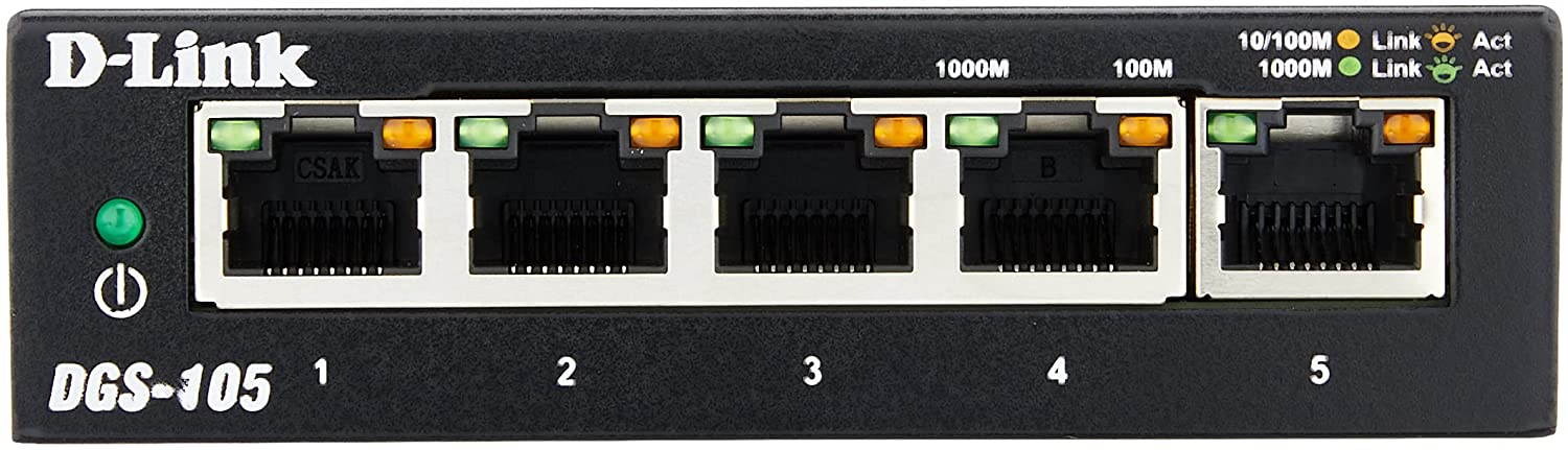 Ethernet Switch, 5 Port Gigabit Unmanaged Metal Desktop Plug and Play Compact (DGS-105)