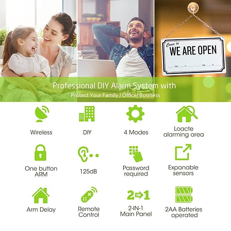 Alarm System Home Security DIY Kit 4 Zones 125dB 2in1 Host Expandable 40 Window Motion Sensors Password Required Burglar Alert Security System One Button Remote