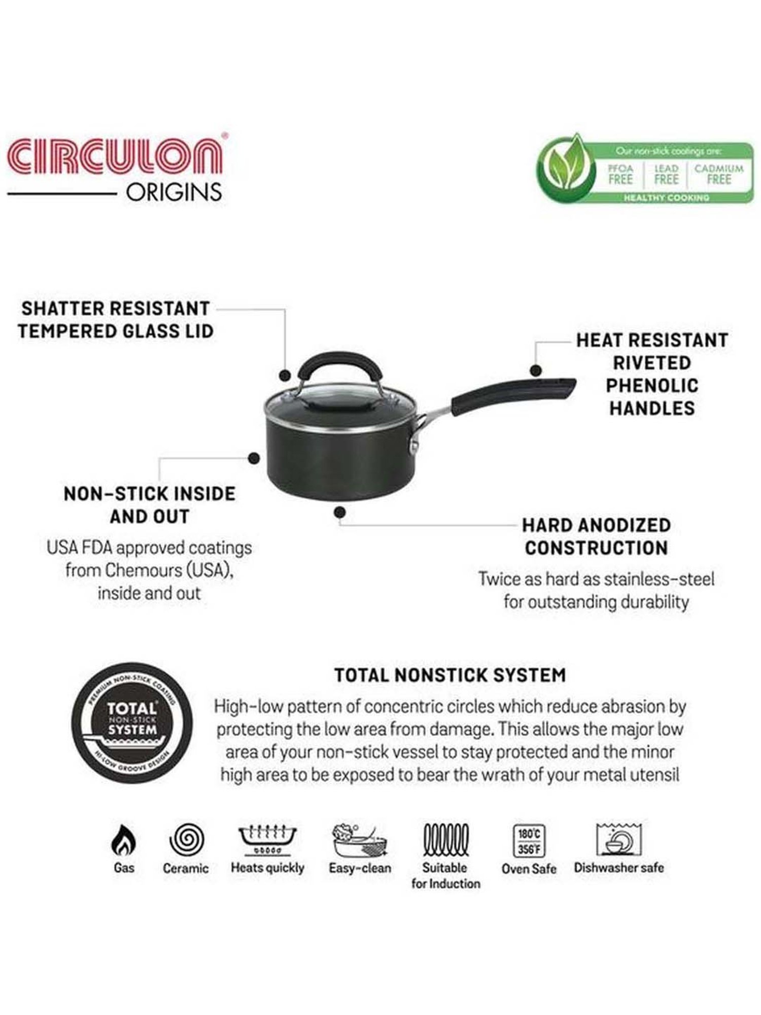 Circulon Origins 16cm Saucepan Non-Stick + Hard Anodized, Black (Suitable For Gas & Induction)