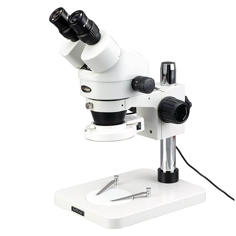 SM-1BS-64S Professional Binocular Stereo Zoom Microscope, WH10x Eyepieces, 7X-45X Magnification, 0.7X-4.5X Zoom Objective, 64-Bulb LED Ring Light, Pillar Stand, 110V-240V