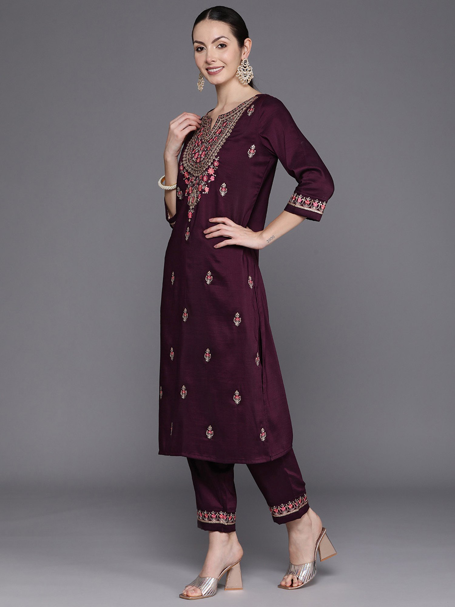 Indo Era Purple Embroidered Kurta Pant Set With Dupatta