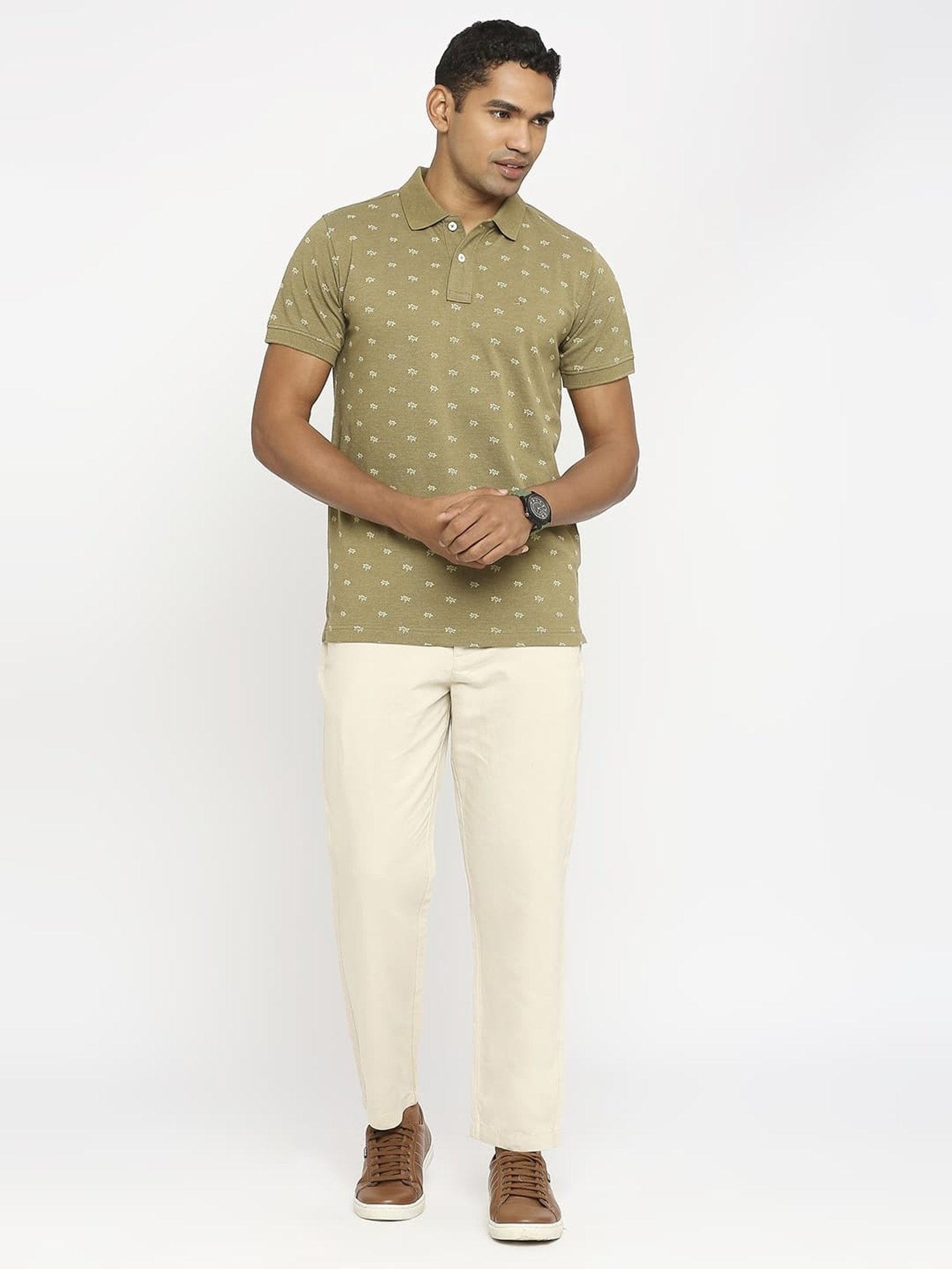 Basics Olive Cotton Muscle Fit Printed Polo T-Shirt