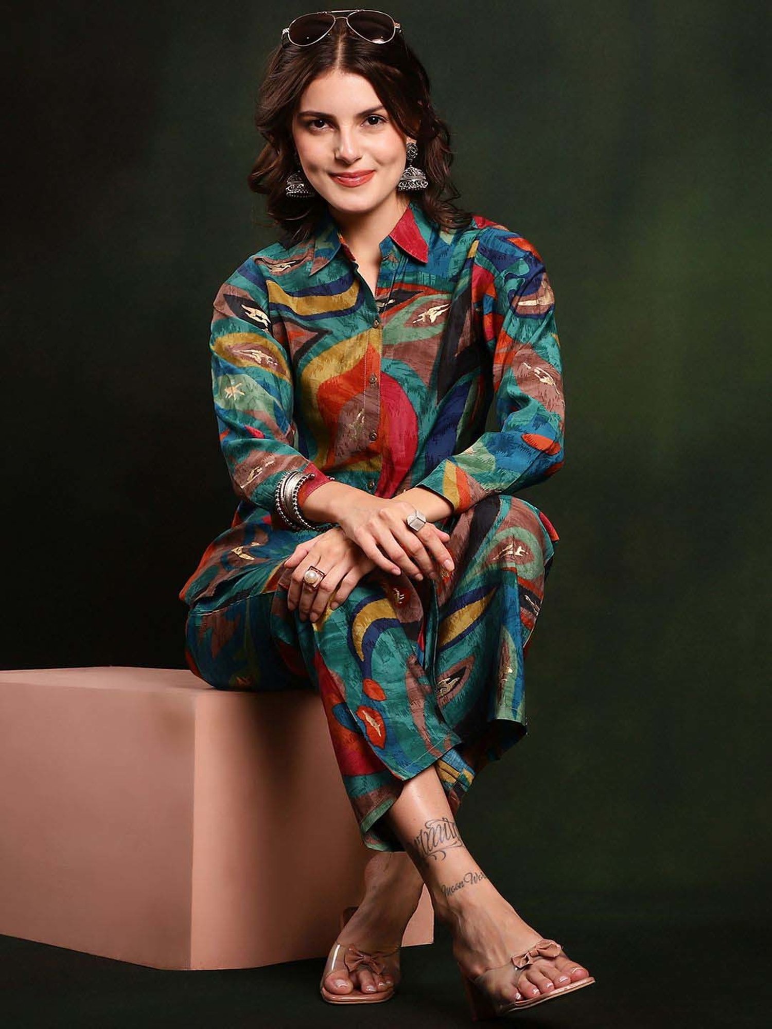 Claura Green Printed Shirt Pant Set