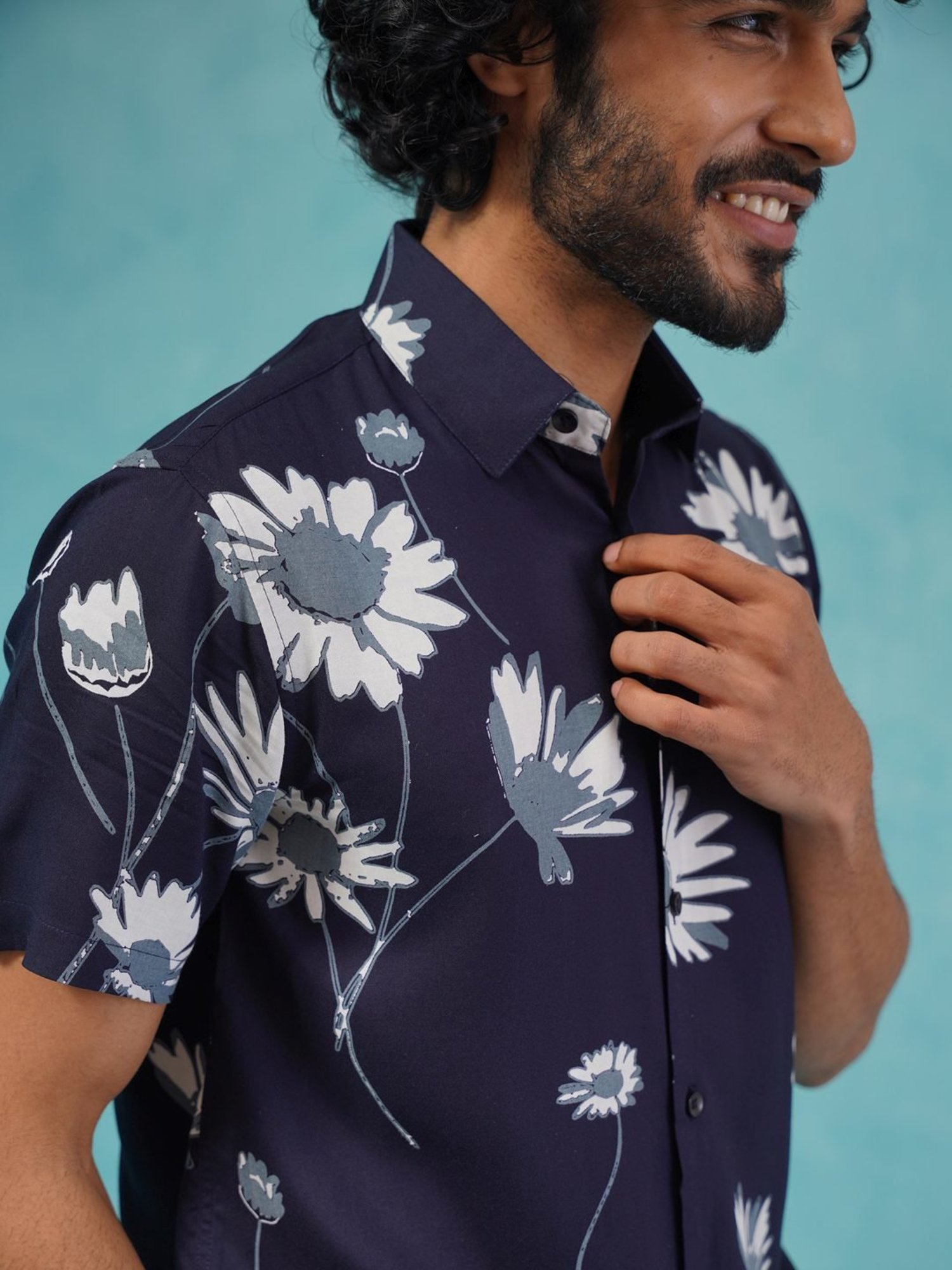 Indian Needle Navy Blue Regular Fit Printed Shirt