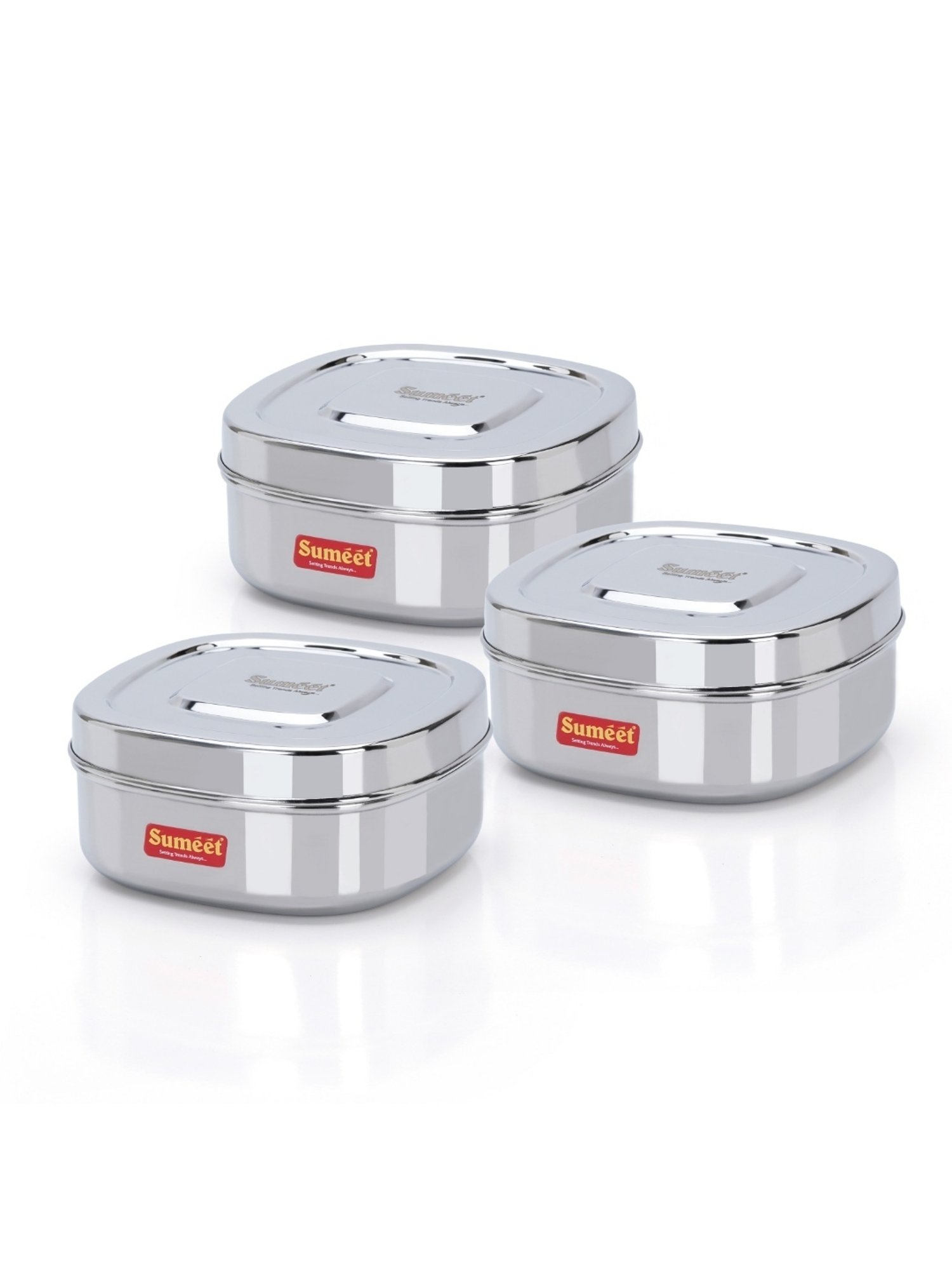 Sumeet S.S. Square Storage containers box/Dabba for Kitchen, Set of 3Pcs, 700ml, 12.5cm Dia, Silver