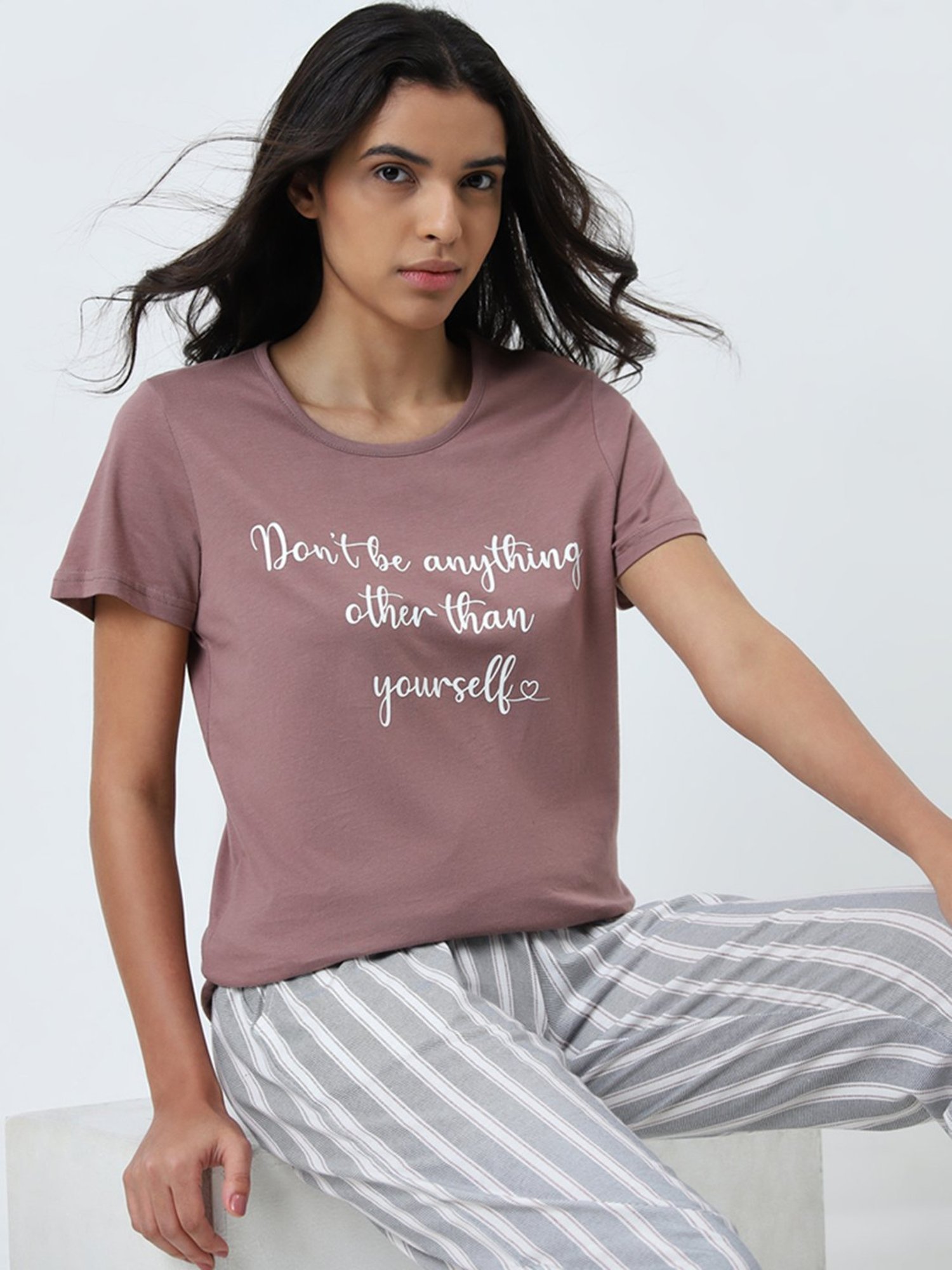 Wunderlove by Westside Dusty Pink Text Printed Cotton T-Shirt