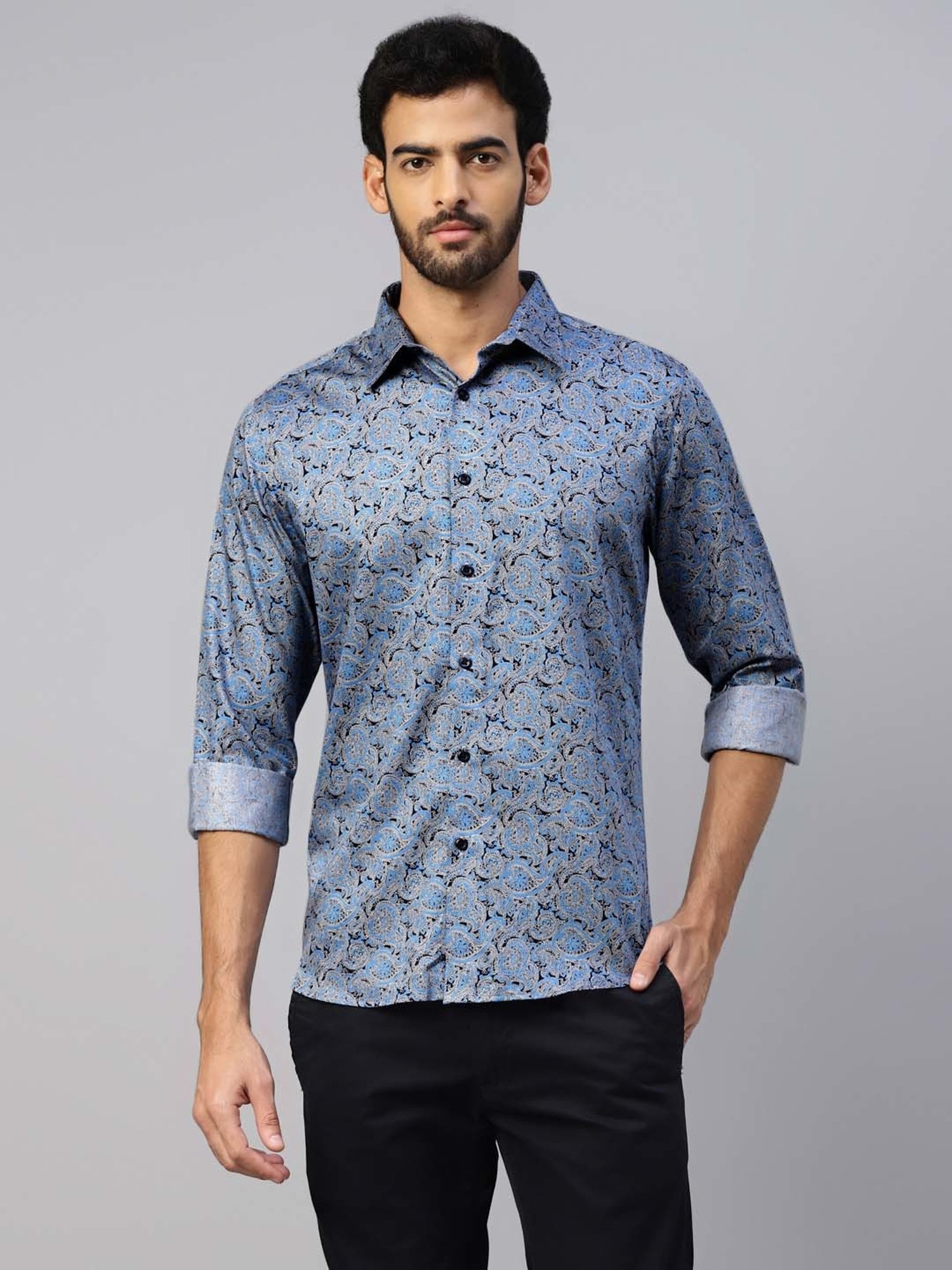 Don Vino Blue Slim Fit Printed Shirt