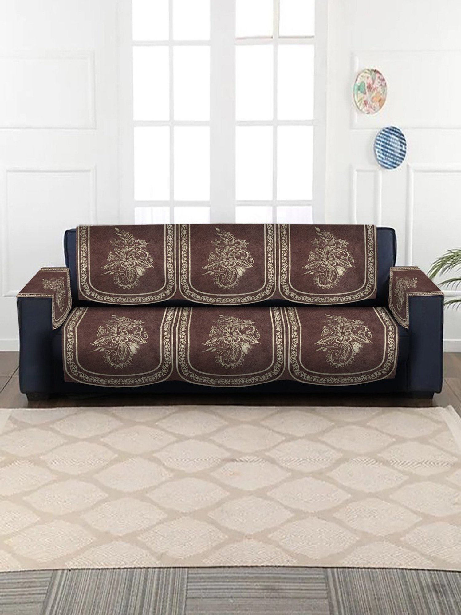 HOSTA HOMES Coffee Brown Velvet 3 Seater Sofa Cover with Arm Rest
