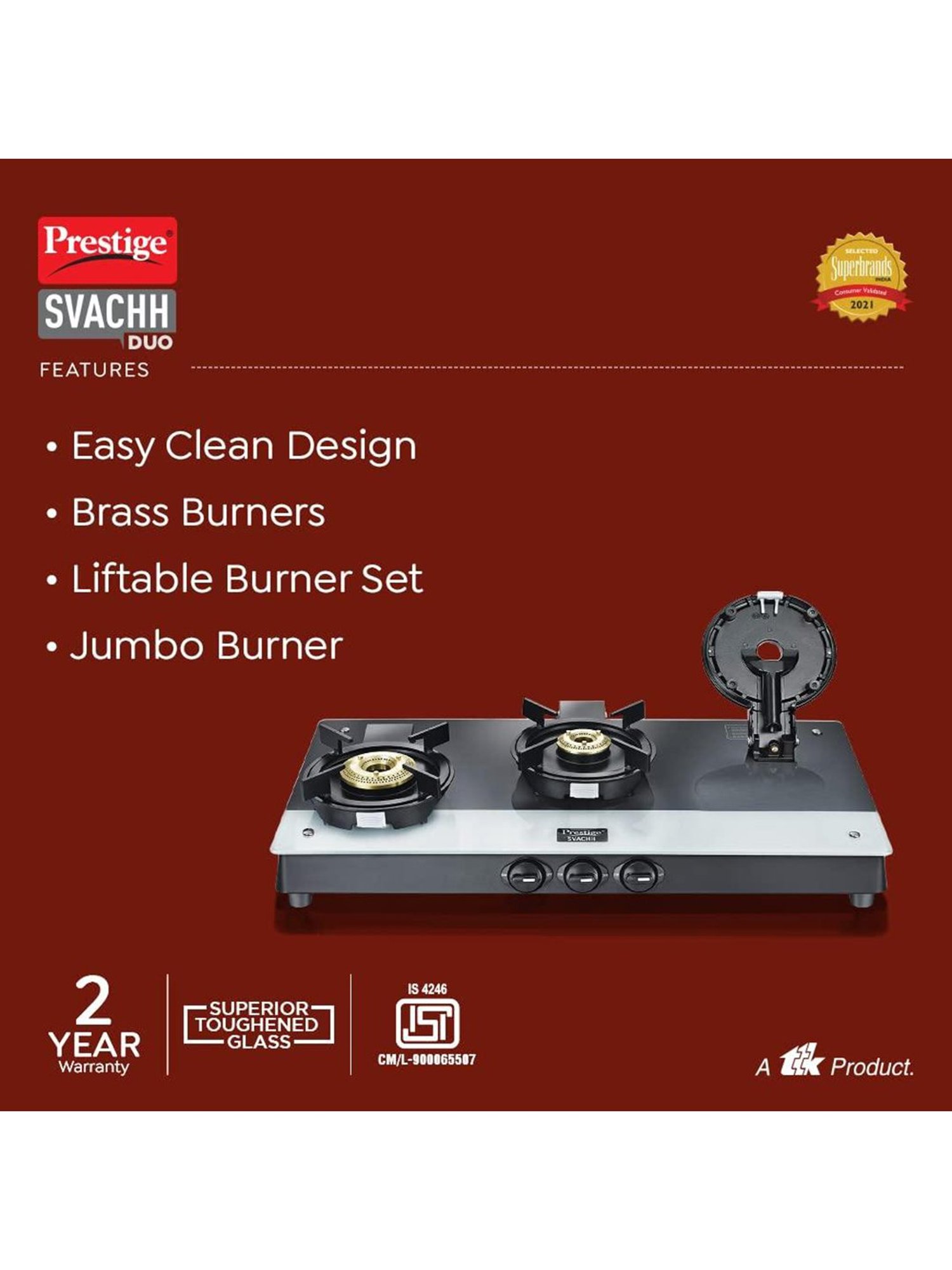 Pigeon Blackline Smart Black Glass Manual Gas Stove (2 Burners)