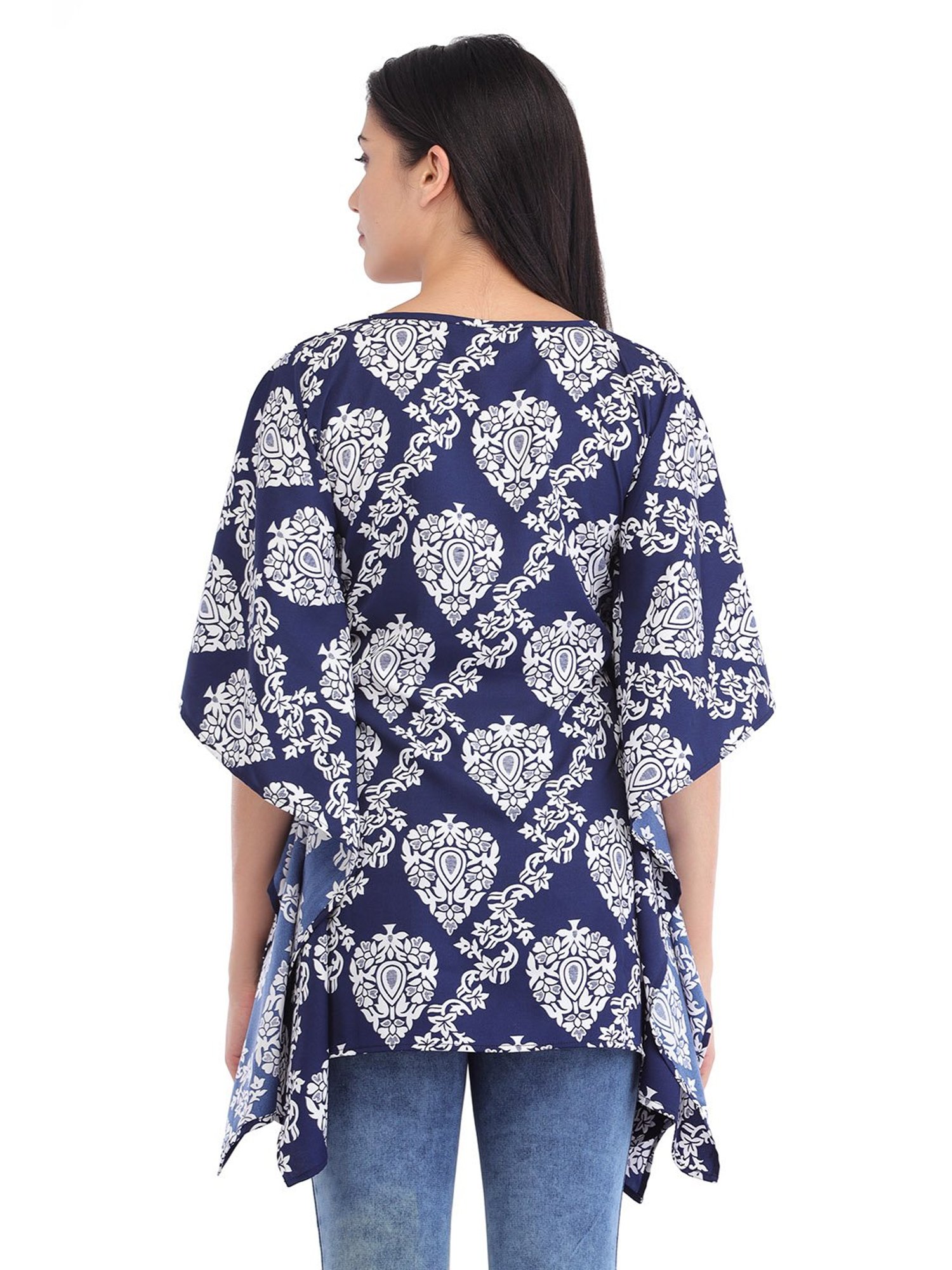 Cottinfab Navy Printed A-Line Kaftan Crepe Top