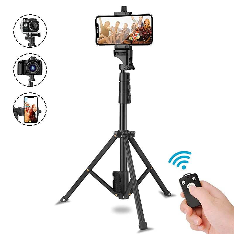 Stick Tripod, 51" Extendable Tripod Stand with Cell Phone Mount Holder & Wireless Remote,Compatible with iPhone 11,11 pro,Xs,X,8,7,6 Plus,Samsung Galaxy S9,S8,S7 Plus,Note 8, Gopro,More