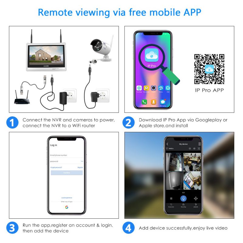 All in one with 12'' LCD Monitor Wireless Security Camera System, 4CH NVR +4pcs 3MP Outdoor Wireless Security Cameras with Night Vision Motion Detection Remote Access IP66 Waterproof 1TB Hard Drive