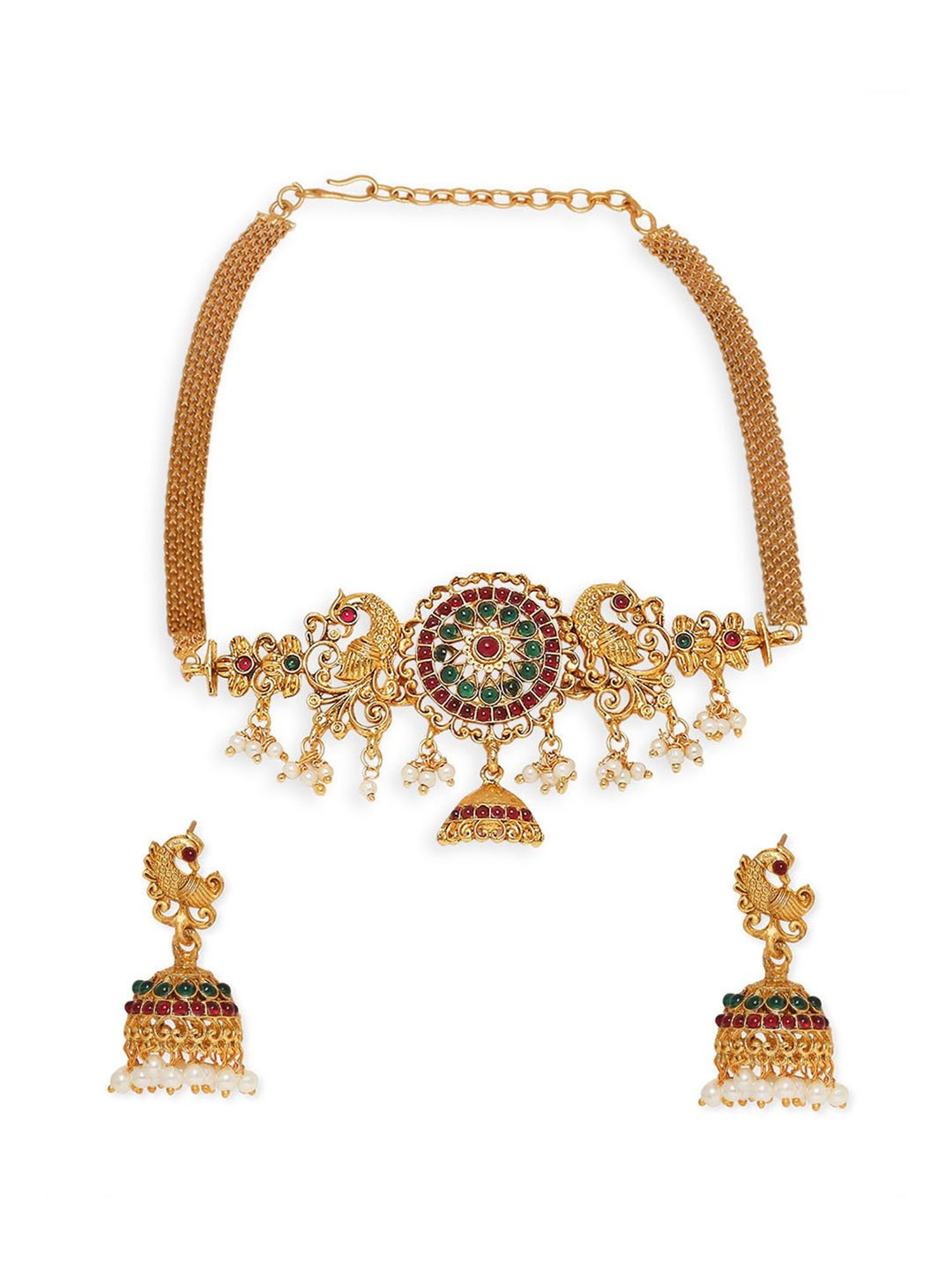 OOMPH Antique Gold Tone Red & Green Stone Peacock Choker Necklace Set with Drop Earrings