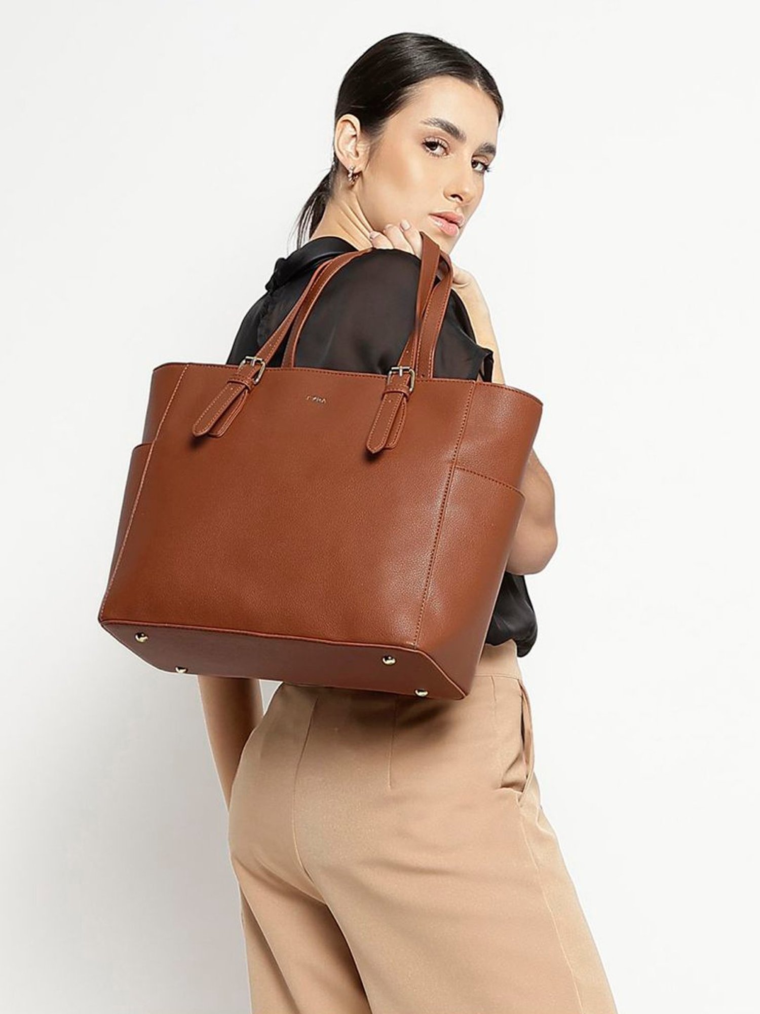 Tyra Liana Tan Solid Faux Leather Tote Handbag