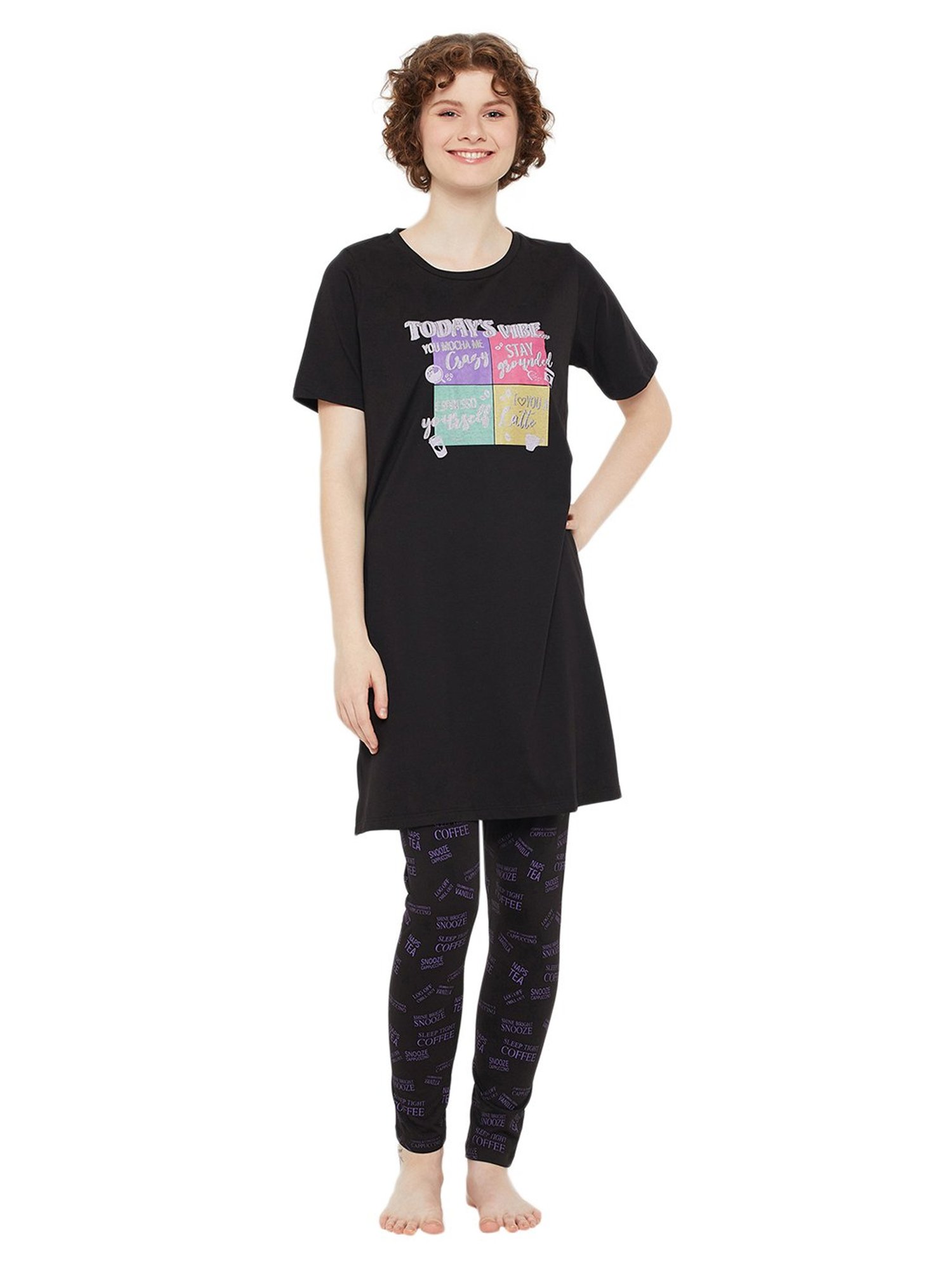 MADAME M Secret Black Graphic Print Long T-Shirt With Pyjamas