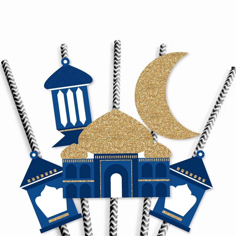 Big Dot of Happiness Ramadan - Paper Straw Decor - Eid Mubarak Striped Decorative Straws - Set of 24