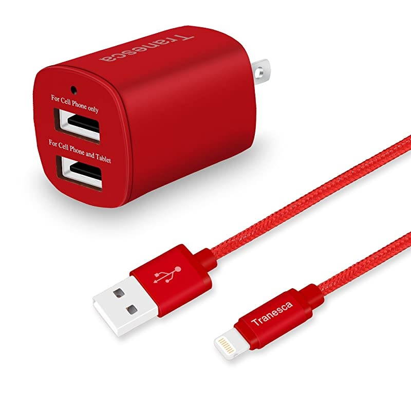 Dual USB Wall Charger and 6ft Charging Cable Red