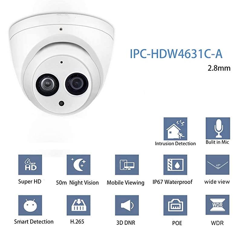 PoE Outdoor IP Camera - OEM IPC-HDW4631C-A 2.8mm Dome Security Camera with 164ft IR Night Vision, Built-in Mic, H.265+, WDR, 3D DNR, IP67 Waterproof