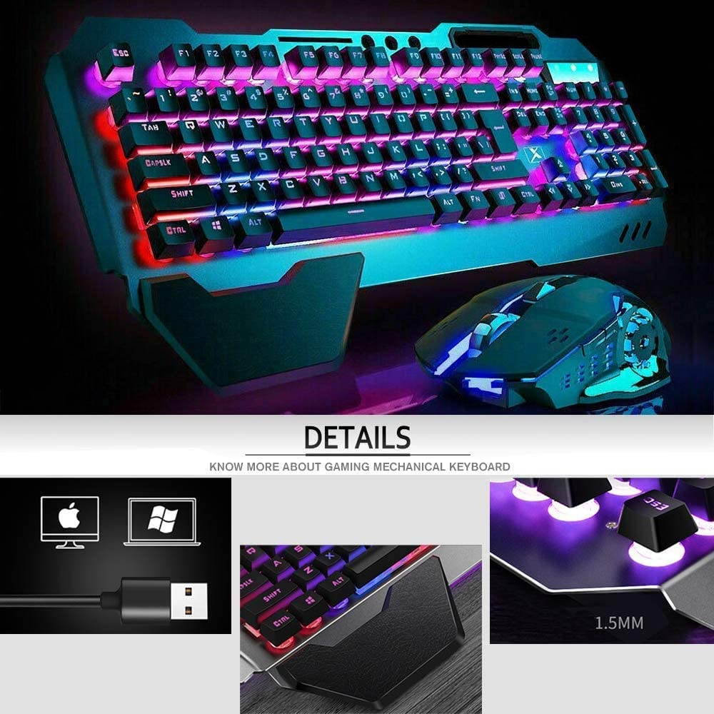 Wireless Gaming Keyboard and Mouse Combo with Rainbow LED Backlit Rechargeable  Battery Metal Panel Mechanical Keyboard