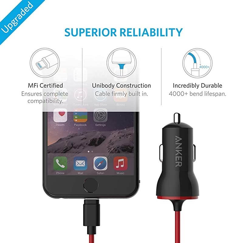 iPhone Car Charger,  12W 5V Lightning Car Charger [Mfi-Certified], PowerDrive Car Charger with 3ft Apple Certified Cable, for iPhone XS/Max/XR/X/8/7/6/Plus, iPad Pro/Air 2/Mini, and More