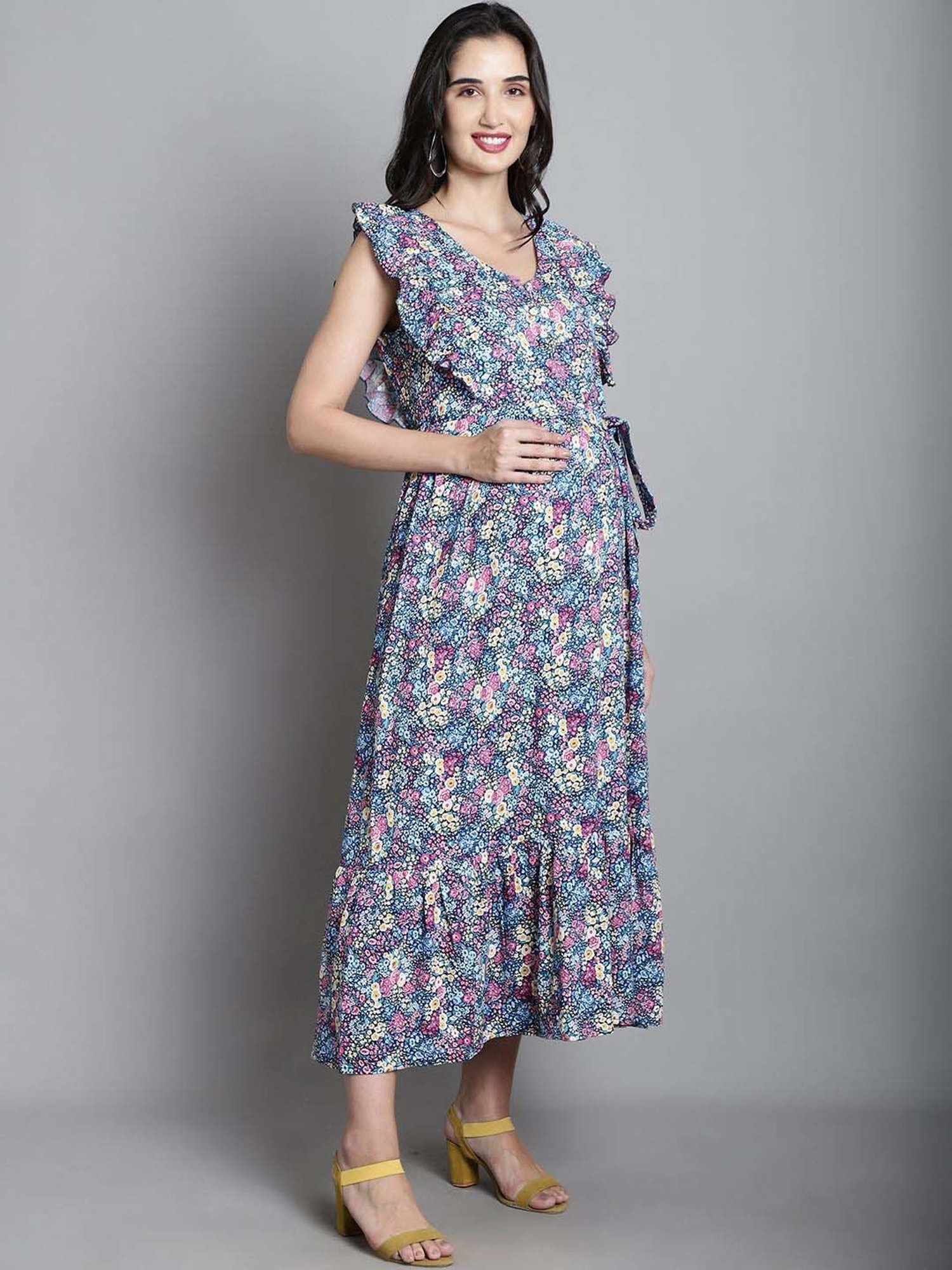 Moms Maternity Blue Floral Print Maternity Dress