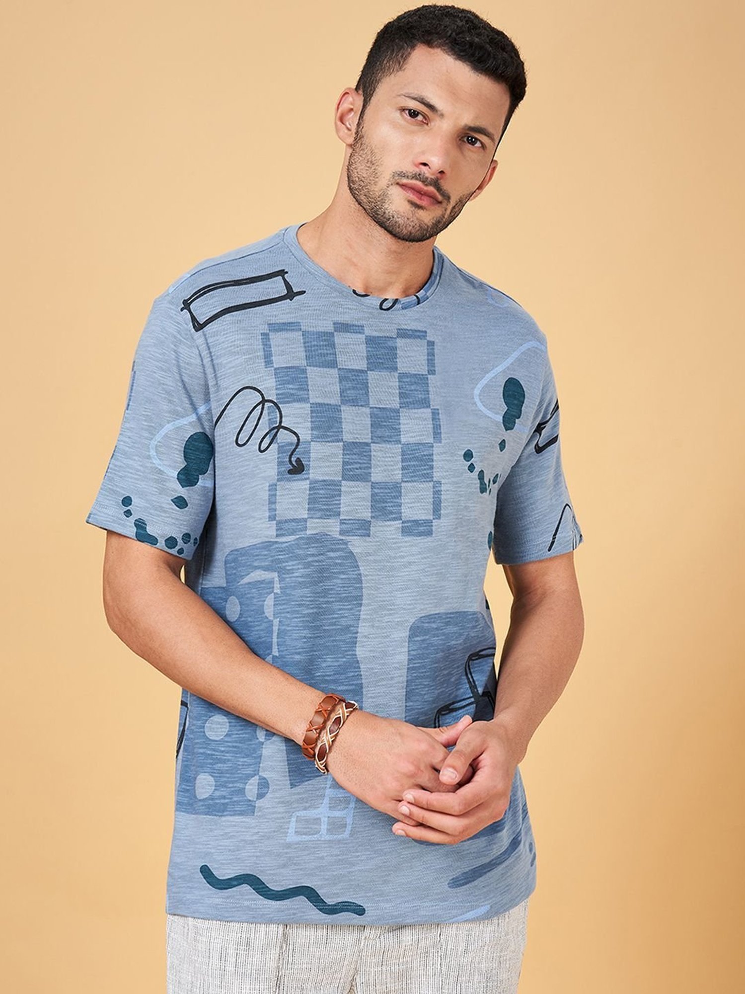 7 Alt by Pantaloons Blue Cotton Relaxed Fit Printed T-Shirt